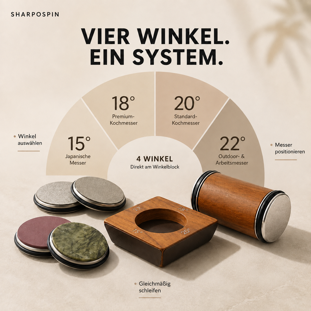 Grafik: die vier Schleifwinkel 15, 18, 20 und 22 Grad des SharpoSpin, zugeordnet zu japanischen Klingen, Premium- und Standard-Kochmessern sowie Outdoormessern