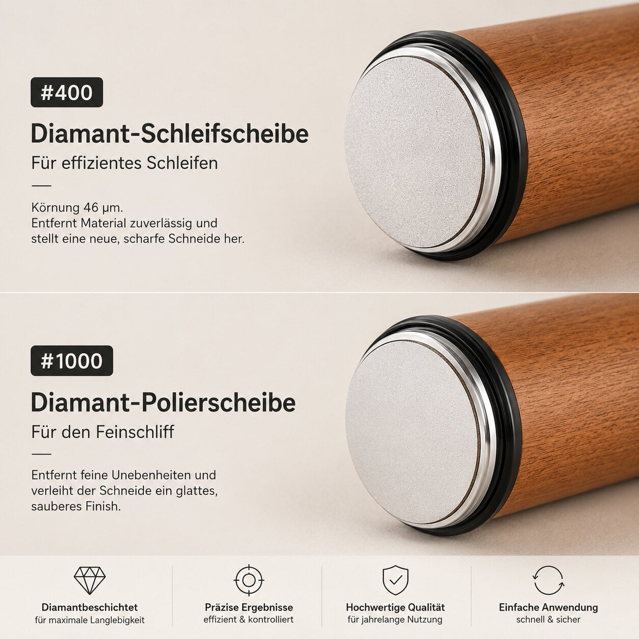 Diamantscheibe mit Koernung 400 und Polierscheibe mit Koernung 1000 im Detail