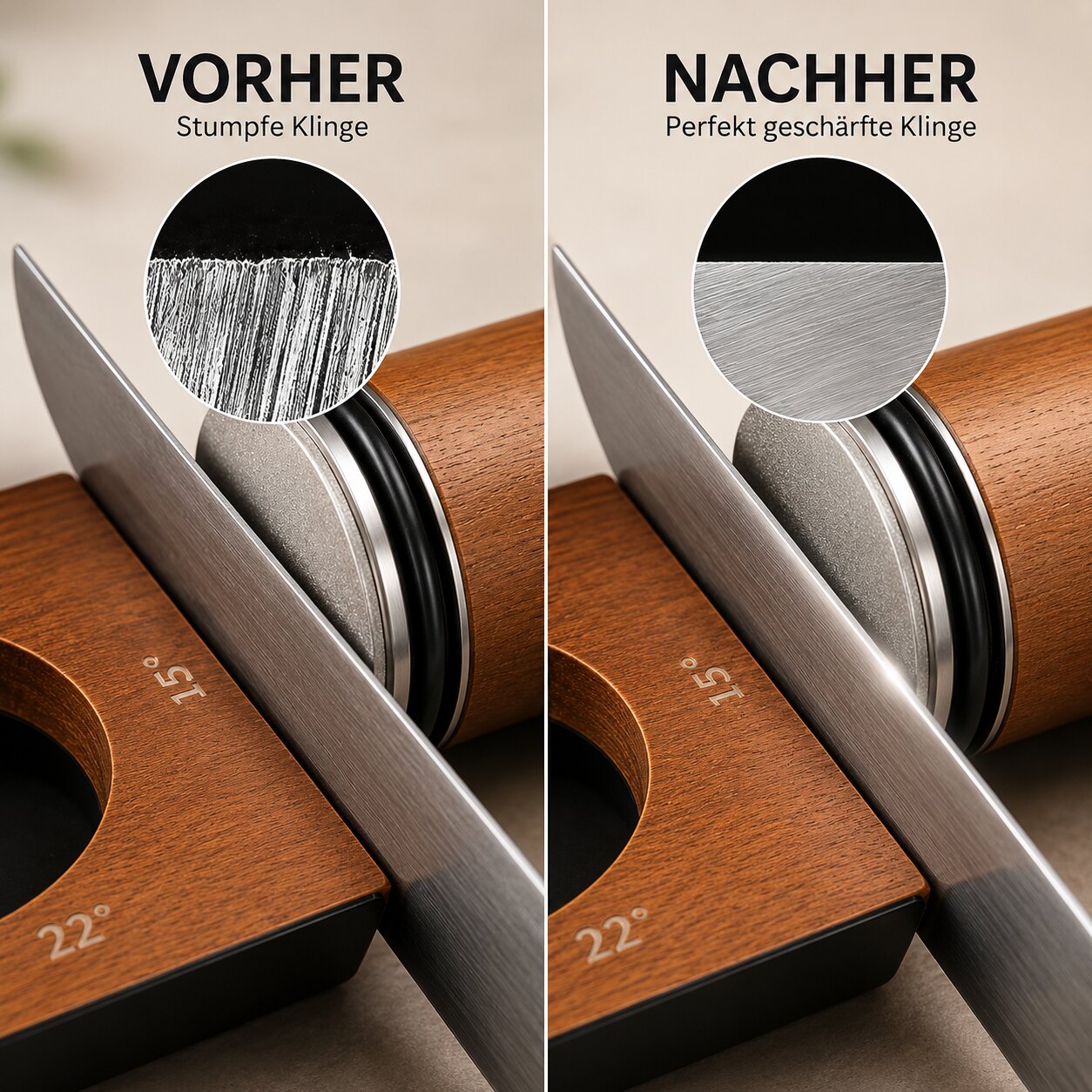 Vorher-Nachher-Vergleich der Klingenschärfe nach dem Schärfen mit dem SharpoSpin